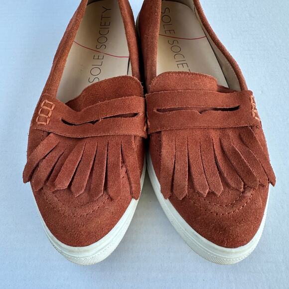 7.5 Sole Society Daria Rust Cow Suede Loafers Classic Chic Fall Academia Preppy - Picture 1 of 8
